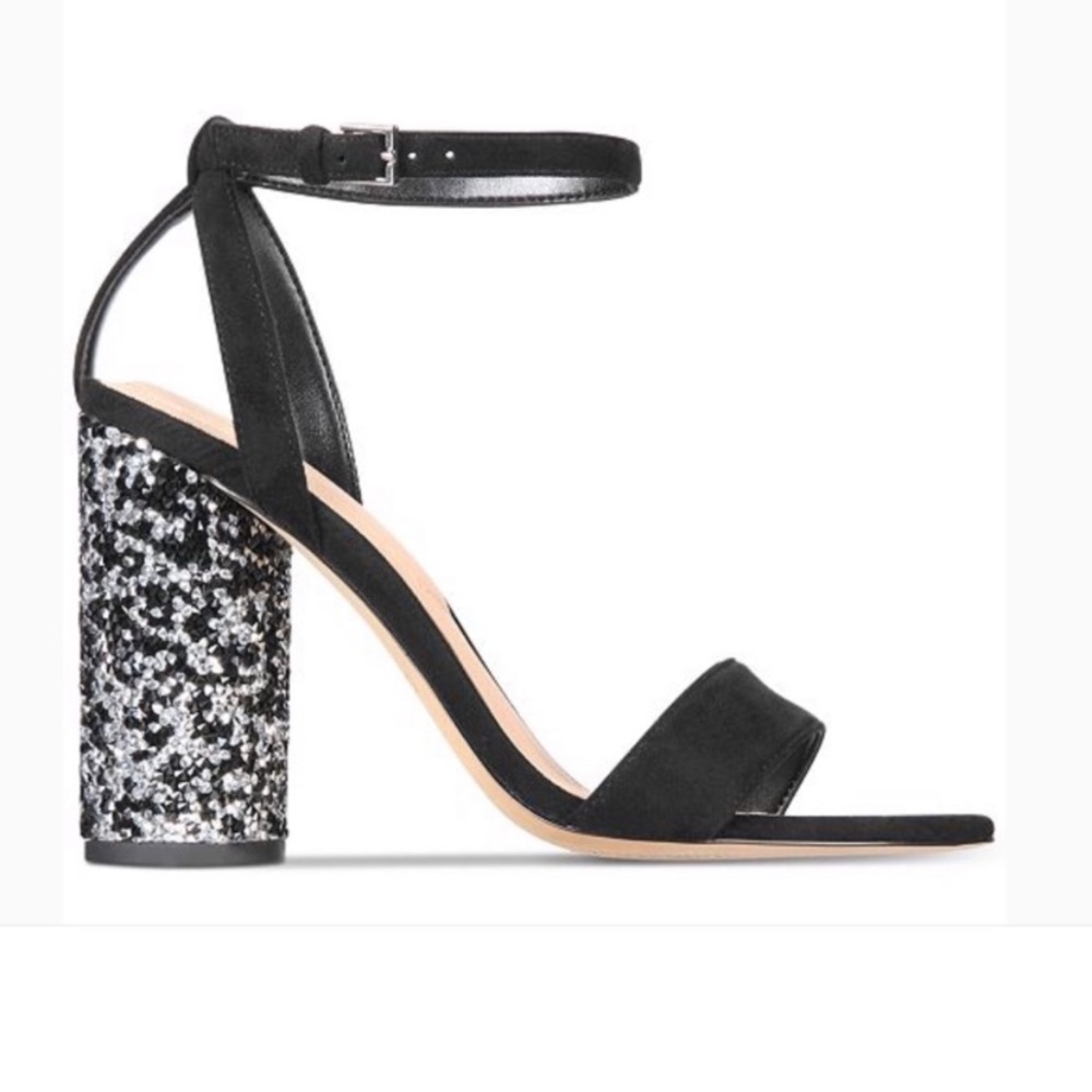 Aldo Black Ankle-Strap Sandals with Silver Glitter Block Heel
